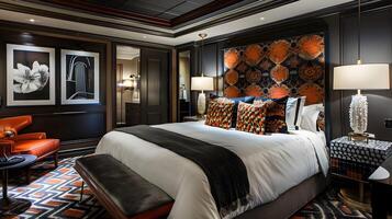 Ultraluxe Cruise Ship Stateroom Black Walls, Orange Accents, And Modern Art photo