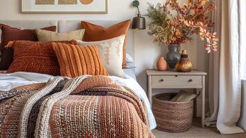 Cozy Autumn-Inspired Bedroom with Rustic Textures and Warm Tones photo