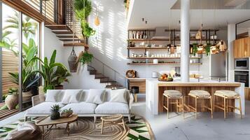 Tropical Style House Interior Design with White Wooden Living Room and Hanging Plants photo