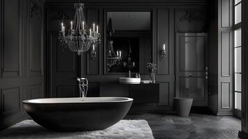 Sumptuous Monochrome Bathroom with Ebony Chandelier and Freestanding Tub photo