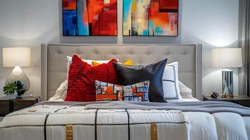 Vibrant Color Contrasts and Abstract Art Adorn a Modern Bedroom with Sleek Design and Comfort photo