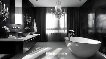 suntuoso monocromo baño con de pie tina y cristal candelabro foto