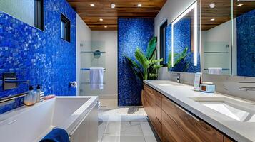 maravilloso azul mosaico losas adornar esta moderno baño con regenerado madera acentos foto