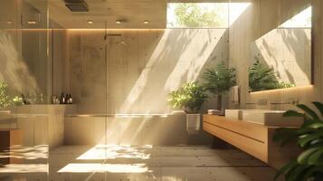 Sunlit Contemporary Bathroom Minimalist Design with Greenery and Wooden Accents photo