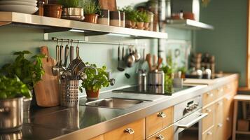 Stainless Steel Kitchen Counter with Potted Herbs Showcasing Sustainable Energy Efficient Appliances in Scandinavian-Inspired Design photo