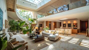 Sunlit Luxury Living Trendy Hawaiian-Style Double Height Space with Spiral Staircase and Marble Floors photo