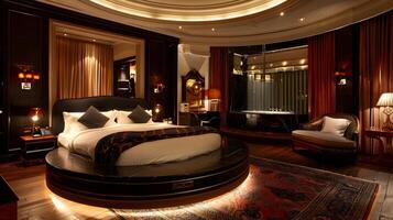 Sumptuous Circular Bed in Art Deco Inspired Upscale Suite Exuding Luxury and Opulence photo