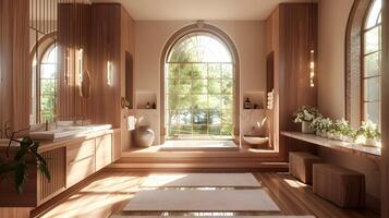 Sunlit Spacious Bathroom with Arched Window and Marble Surfaces - A Serene Indoor-Outdoor Blend of Luxury and Nature photo