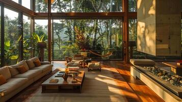 Tranquil Living Room Haven Sleek Electric Fireplace and Jungle View photo