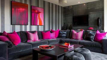 Striking Pink Accents Adorn Elegant Living Room with Subtle Tonal Striped Walls photo