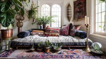 tranquilo bohemio vivo habitación con de gran tamaño canapé bañado en sereno natural ligero y global diseño elementos foto