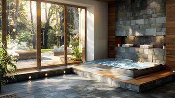 Spa-Inspired Bathroom with Stone Jacuzzi and Forest View photo