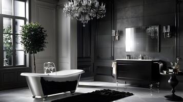Victorian Gothic Bathroom Design Swanky Monochrome Haven with Standalone Tub and Crystal Chandelier photo