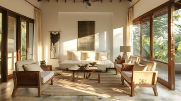 Sustainable Indian-Inspired Living Room with Natural Light and Jungle Views photo