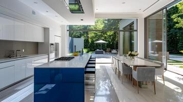 Striking Cobalt Island in a Modern Kitchen with Verdant Backyard View photo