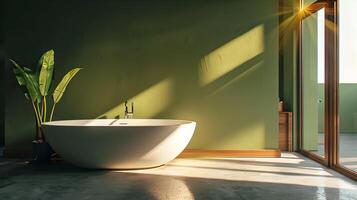 Sunlit Freestanding Bathtub in Modern Olive-Green Bathroom with Potted Plant photo