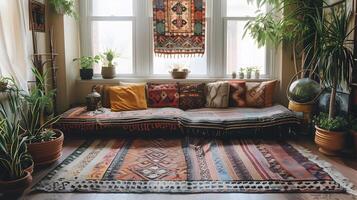 Tranquil Bohemian Living Room with Geometric Patterns and Potted Plants Basking in Warm Sunlight photo