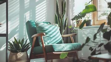 Teal Armchair Basks in Indoor Plant Jungle and Sunlight, Exuding Relaxation and Boho-Chic Style photo