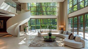 elegante moderno vivo habitación en lujo mansión con vista a lozano verde jardín en Londres foto