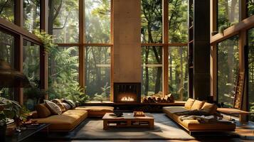 Traditional Fireplace Anchors Inviting Summertime Living Space with Panoramic Forest View photo