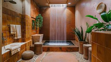 Spa-Like Bathroom Oasis Indulge in a Waterfall Shower Retreat with Terracotta Tiles and Wicker Accents photo