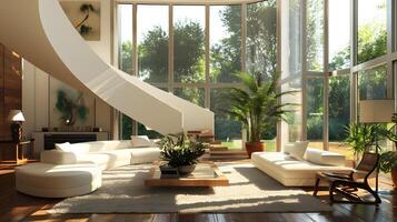 Sophisticated Living Room with Curved Staircase Basks in Sunshine and Greenery photo