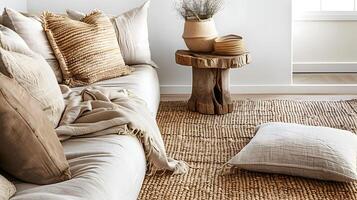 tejido yute alfombra en tranquilo lleno de luz guarida exudando encanto y relajación foto
