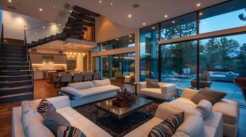 Spacious Modern Living Room with Sleek Open Staircase and Glass Walls Overlooking Backyard at Night photo