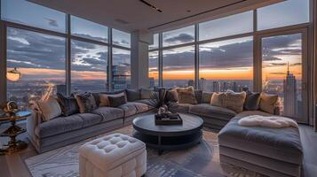 Ultraluxury Penthouse Living Room Opulent Urban Retreat Amidst Captivating City Views at Sunset photo