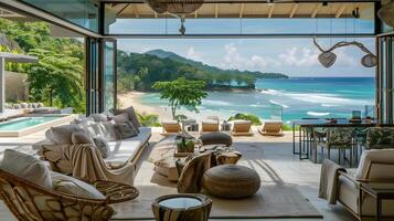 ultralujo frente a la playa villa vivo espacio en seychelles exhibiendo tropical elegancia y panorámico Oceano puntos de vista foto