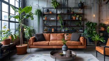 Urban Jungle Harmony Industrial Living Room with Leather Sofa and Greenery-Filled Shelves photo