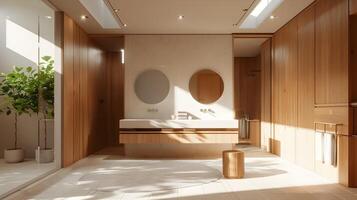 Sunlit Japanese-style Bathroom with Elegant Minimalist Design and Serene Natural Wood Accents photo