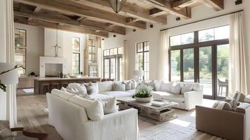 Spacious Modern Farmhouse Living Room with Rustic Beams and Calming Color Scheme photo