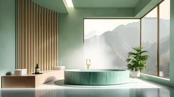 Serene Modern Bathroom with Light Green Walls, Round Bathtub, and Mountain View, Evoking Japanese-style Soaking Tub Tranquility in a High-end Studio photo