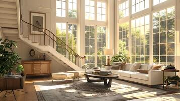 Spacious Living Room Basking in Sunshine through Large Windows and Elegant Staircase photo