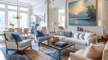 Spacious Living Room in New Orleans with Blue Infusions and Vintage Painting of a Misty Morning by the River photo