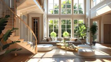 Spacious Living Room with Open-Tread Stairway Basking in Sunshine and Serenity photo