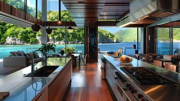 Ultramodern Kitchen in Open Plan Villa Overlooking Tropical Island Paradise photo