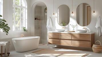 Serene Light-Filled Modern Bathroom with Teak Wood Accents and Ample Double Vanity photo