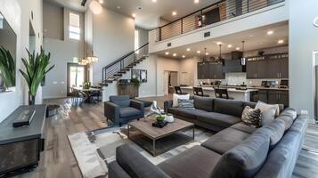 Spacious Modern Home with Sage Green Accents and Double Height Ceilings photo