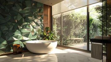 Serene Bathroom Retreat with Green Geometric Tiles and Freestanding Tub Amidst Lush Gardens photo