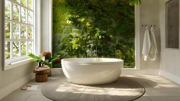 Serene Modern Bathroom with Living Wall and Freestanding Bathtub, a Haven for Relaxation and Rejuvenation photo
