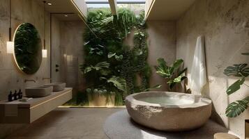 Roca bañera rodeado por lozano verdor en sereno baño interior foto