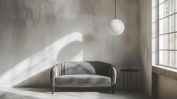 sereno estilo escandinavo vivo habitación con gris terciopelo sofá tomando el sol en natural ligero y suave oscuridad foto