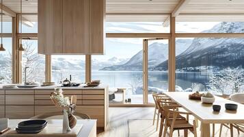 escandinavo cocina con vista a fiordo y cubierto de nieve montañas un invierno refugio de minimalista lujo y acogedor diseño foto