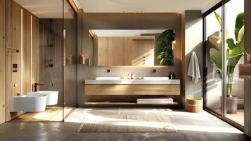 Spacious Modern Bathroom with Natural Wood Accents and Large Windows Illuminated by Sunlight photo