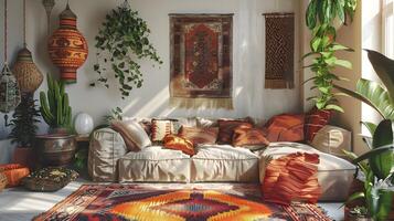 bohemio vivo habitación escapar un atractivo retirada con hippie decoración y terroso tonos foto