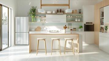 Scandinavian Kitchen Design with Birch Wood Components and Icy Mint Hues in a Modern Minimalist Space photo