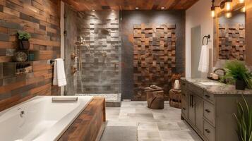 sereno terroso baño oasis con regenerado madera acentos y calmante vapor ducha foto