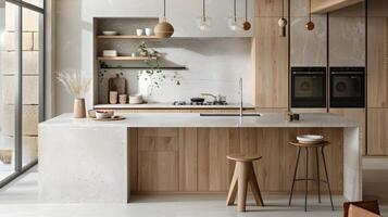 escandinavo cocina diseño con ligero madera armarios y blanco terrazo mostrador un acogedor y radiante Cocinando espacio foto